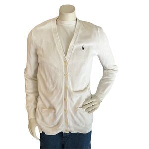 Ralph Lauren Sport Women's L Cardigan Sweater V-Neck Boyfriend Fit Beige